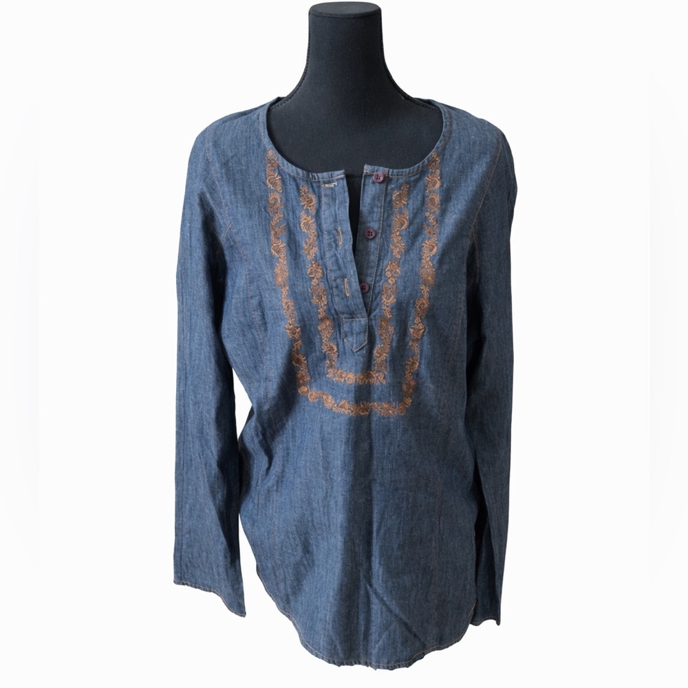 DKNY Jeans Embroidered Denim Peasant Blouse XL